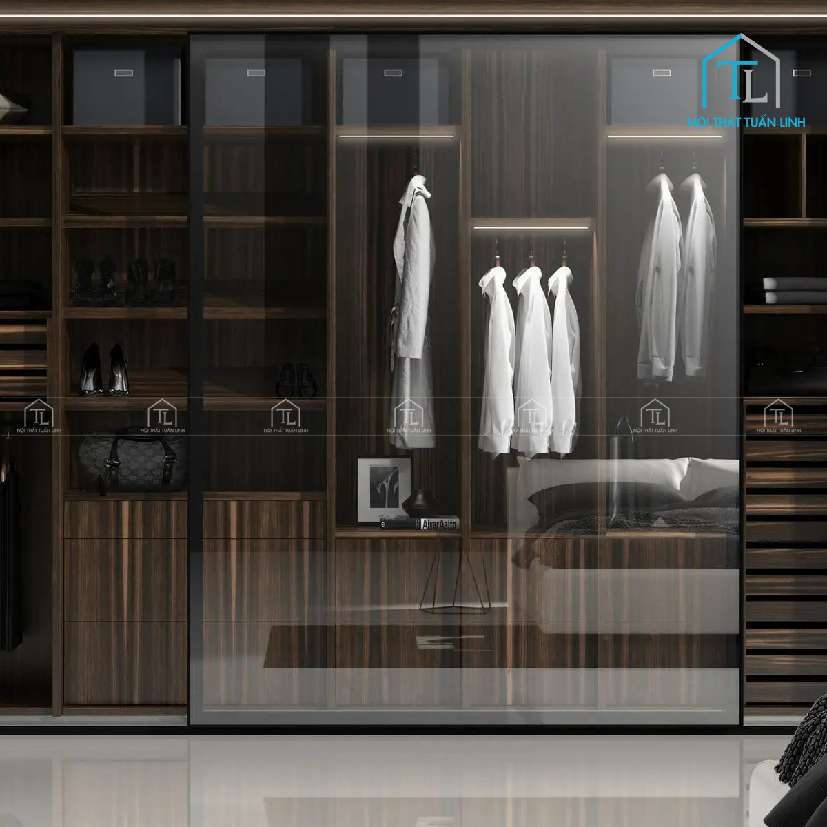 Tủ quần áo cánh kính cửa trượt vân gỗ MDF hiện đại tích hợp đèn LED