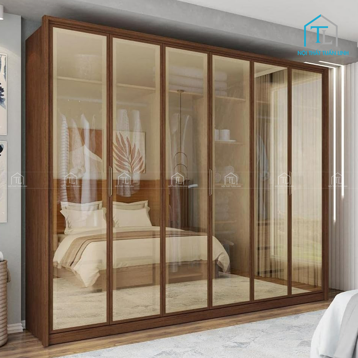 Tủ quần áo cánh kính gỗ công nghiệp 6 cánh có ngăn kéo