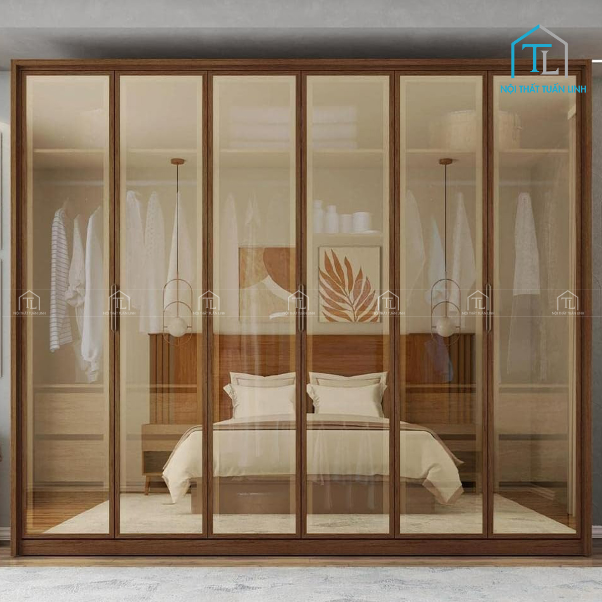 Tủ quần áo cánh kính gỗ công nghiệp 6 cánh có ngăn kéo