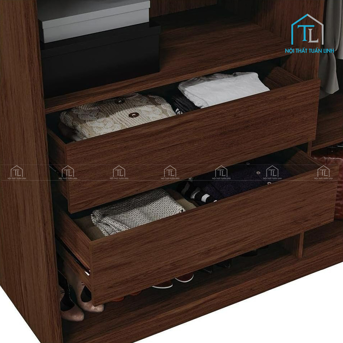 Tủ quần áo cánh kính gỗ công nghiệp 6 cánh có ngăn kéo