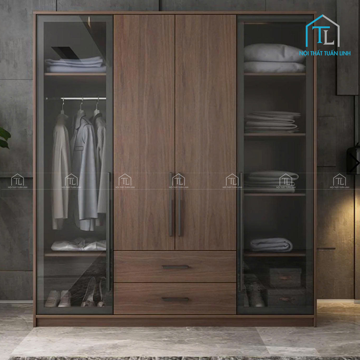 Tủ quần áo cánh kính gỗ MDF màu đen vân gỗ thiết kế hiện đại
