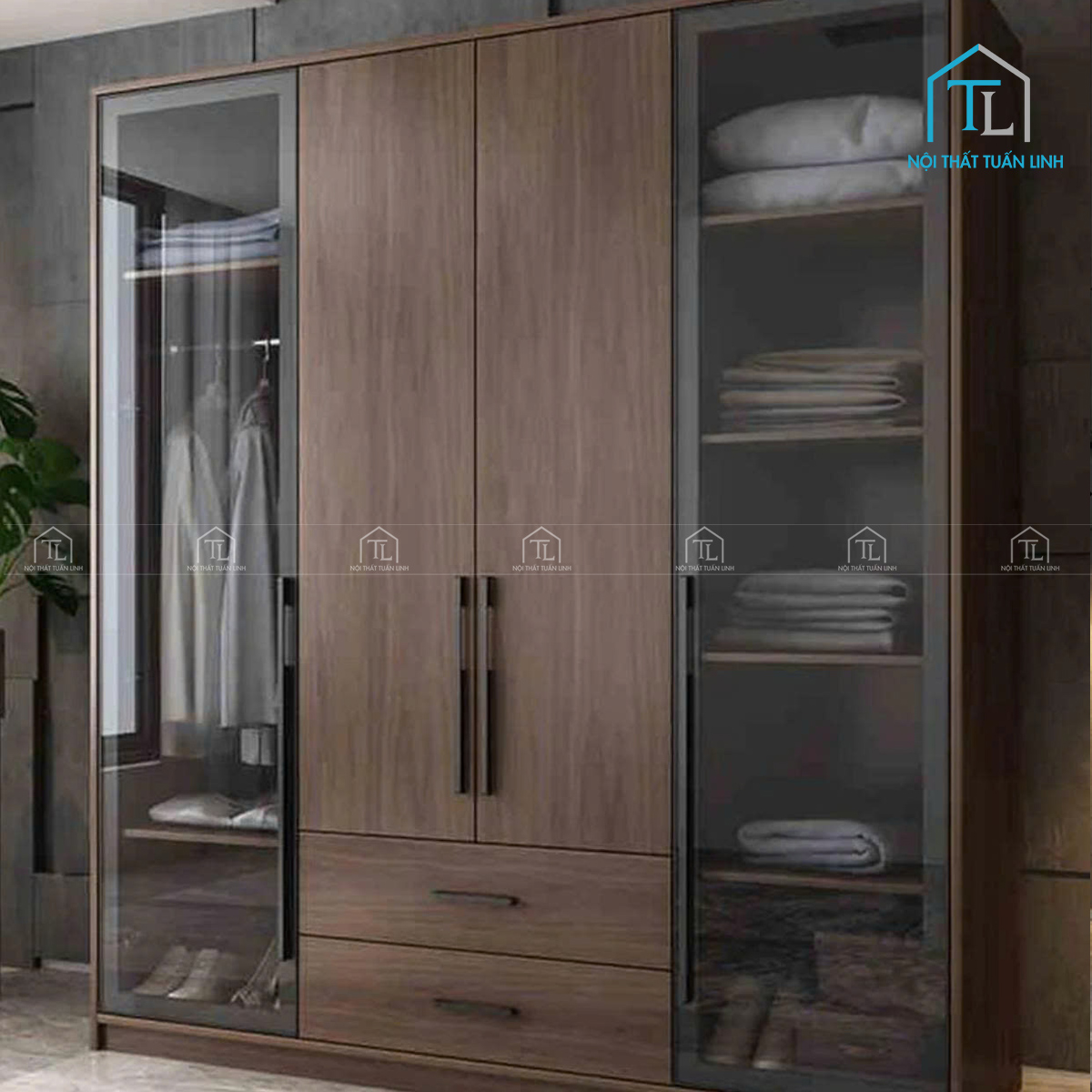Tủ quần áo cánh kính gỗ MDF màu đen vân gỗ thiết kế hiện đại