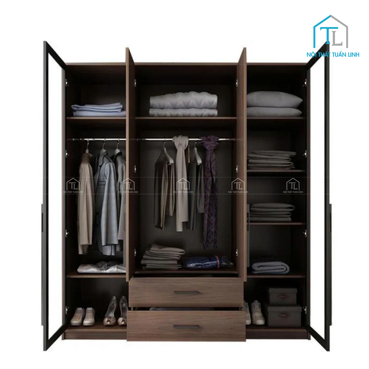 Tủ quần áo cánh kính gỗ MDF màu đen vân gỗ thiết kế hiện đại