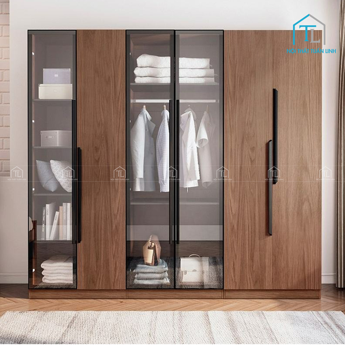 Tủ quần áo cánh kính gỗ MDF phong cách hiện đại cho phòng ngủ