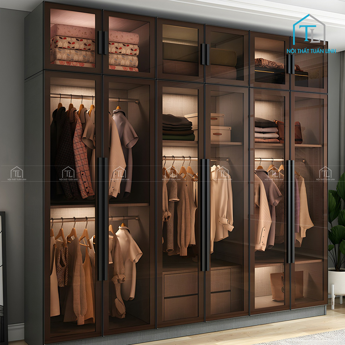 Tủ quần áo cánh kính gỗ MDF phủ melamine màu xám thiết kế hiện đại
