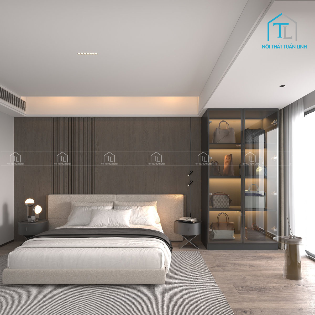 Tủ quần áo cánh kính gỗ MDF tích hợp đèn LED thiết kế hiện đại