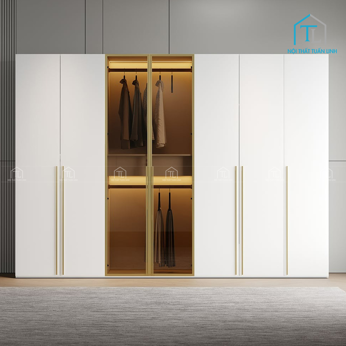 Tủ quần áo cánh kính màu trắng có đèn LED thiết kế hiện đại
