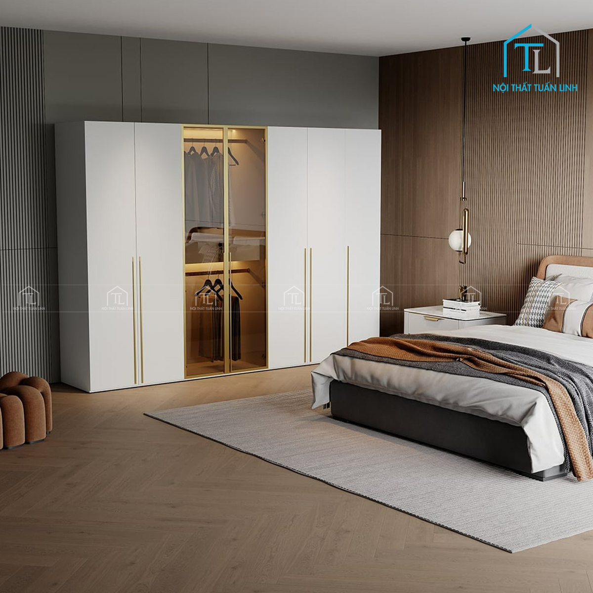 Tủ quần áo cánh kính màu trắng có đèn LED thiết kế hiện đại