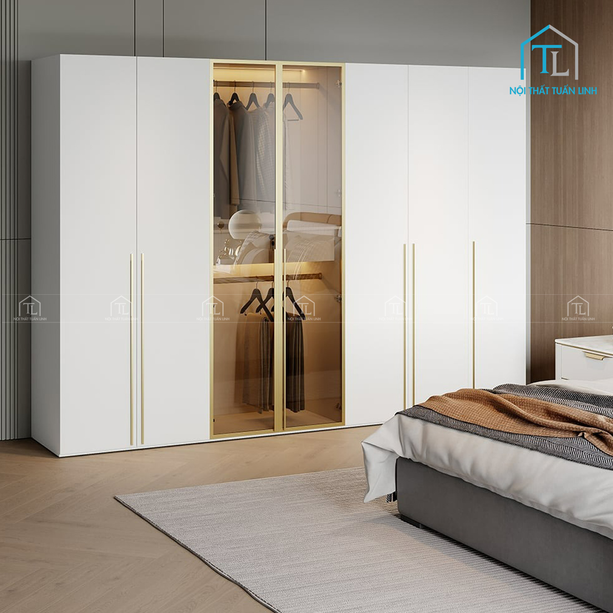 Tủ quần áo cánh kính màu trắng có đèn LED thiết kế hiện đại