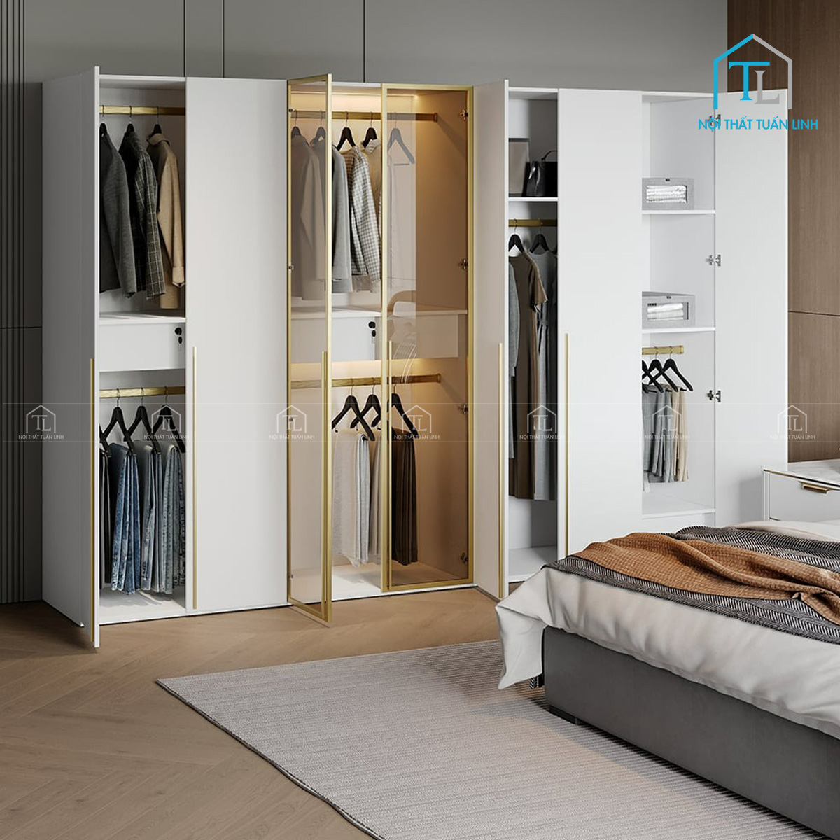 Tủ quần áo cánh kính màu trắng có đèn LED thiết kế hiện đại