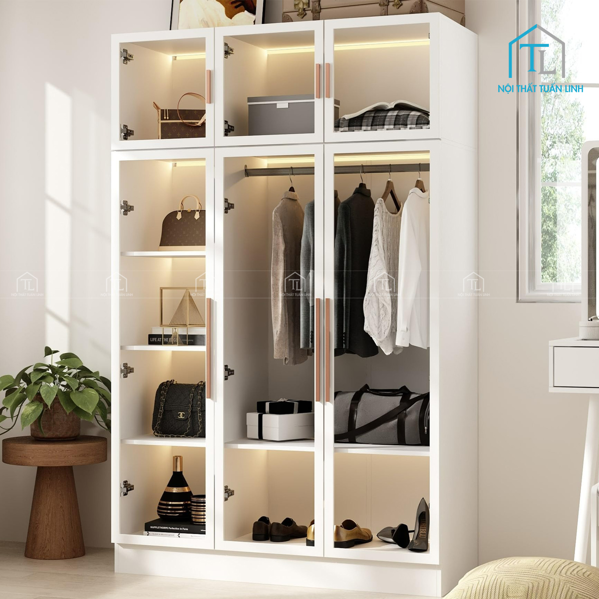 Tủ quần áo cánh kính màu trắng hiện đại và tinh tế