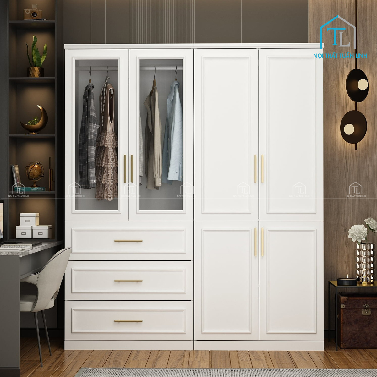 Tủ quần áo cánh kính MDF 4 cánh, có thanh treo & 3 ngăn kéo