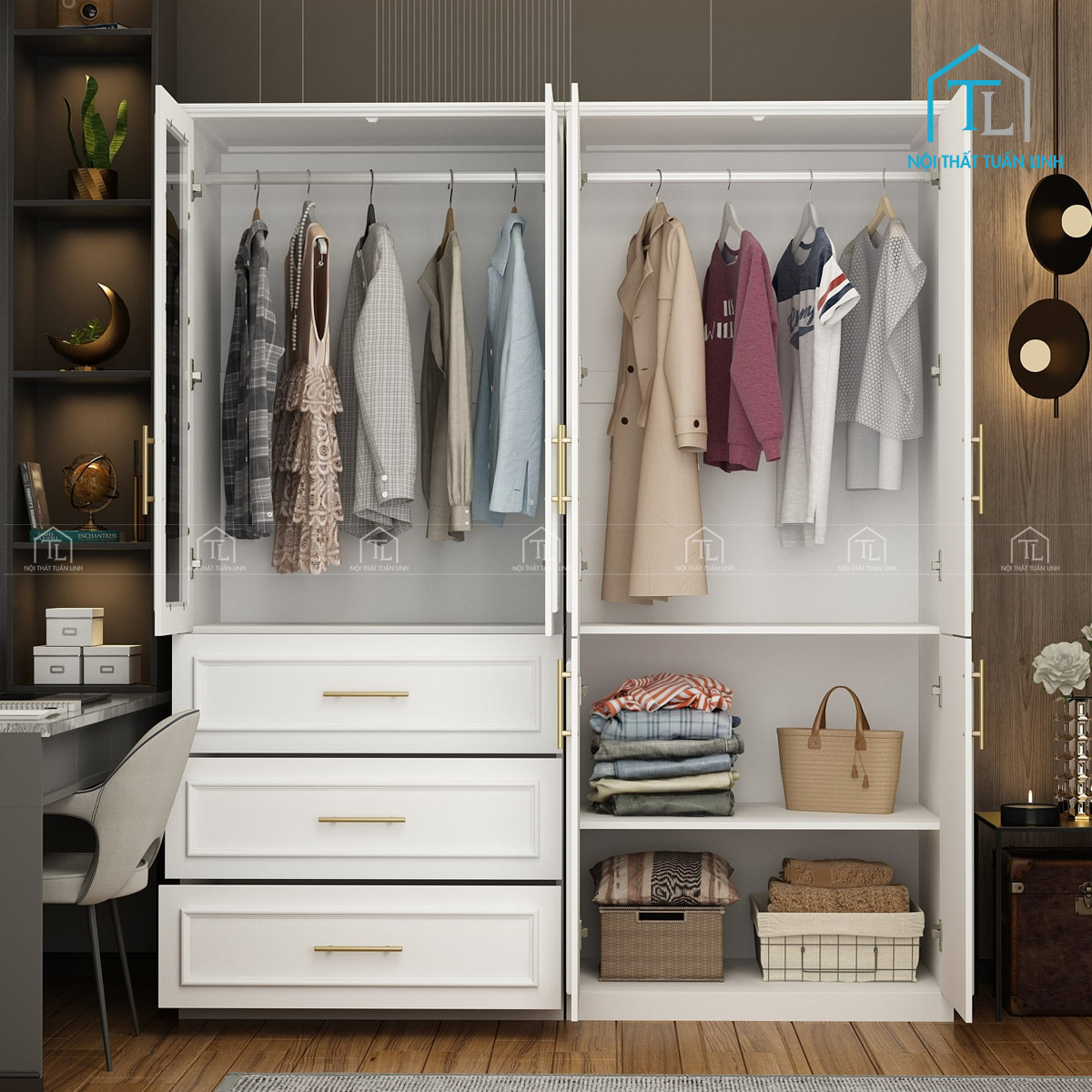 Tủ quần áo cánh kính MDF 4 cánh, có thanh treo & 3 ngăn kéo