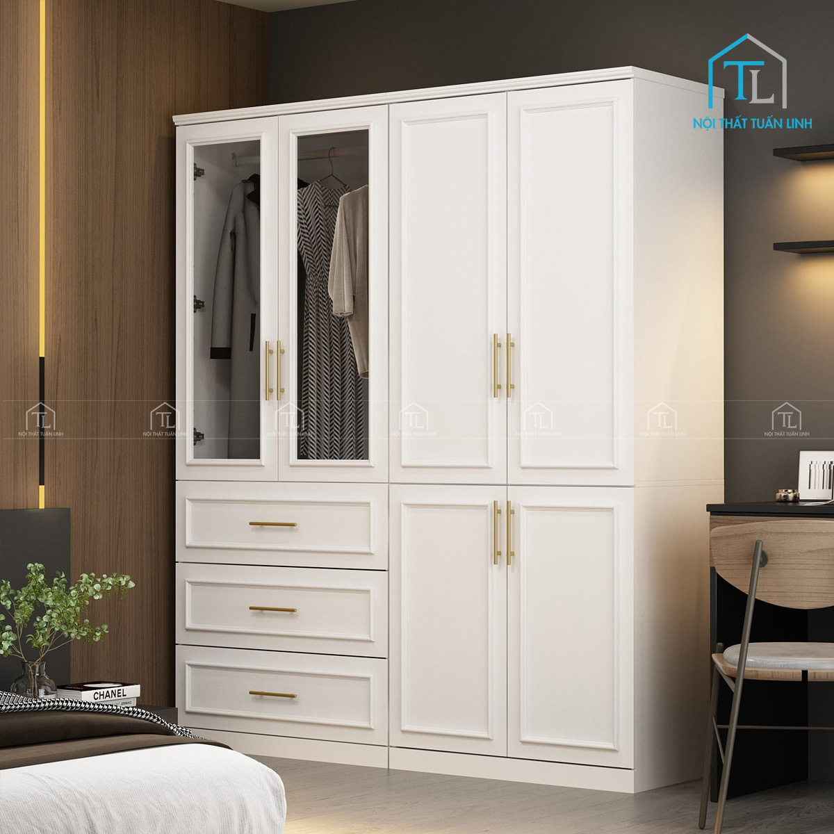 Tủ quần áo cánh kính MDF 4 cánh, có thanh treo & 3 ngăn kéo