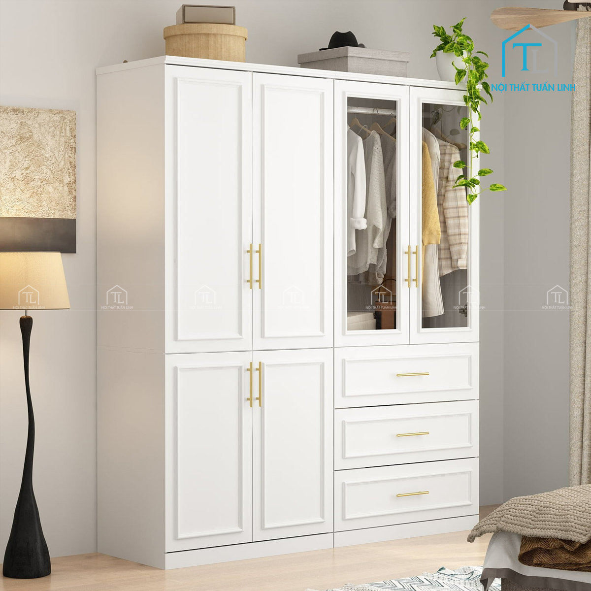 Tủ quần áo cánh kính MDF 4 cánh, có thanh treo & 3 ngăn kéo
