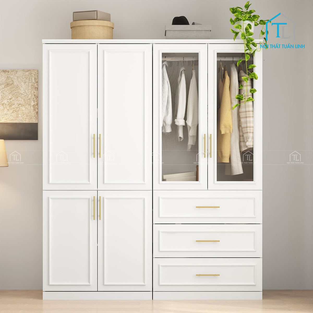 Tủ quần áo cánh kính MDF 4 cánh, có thanh treo & 3 ngăn kéo