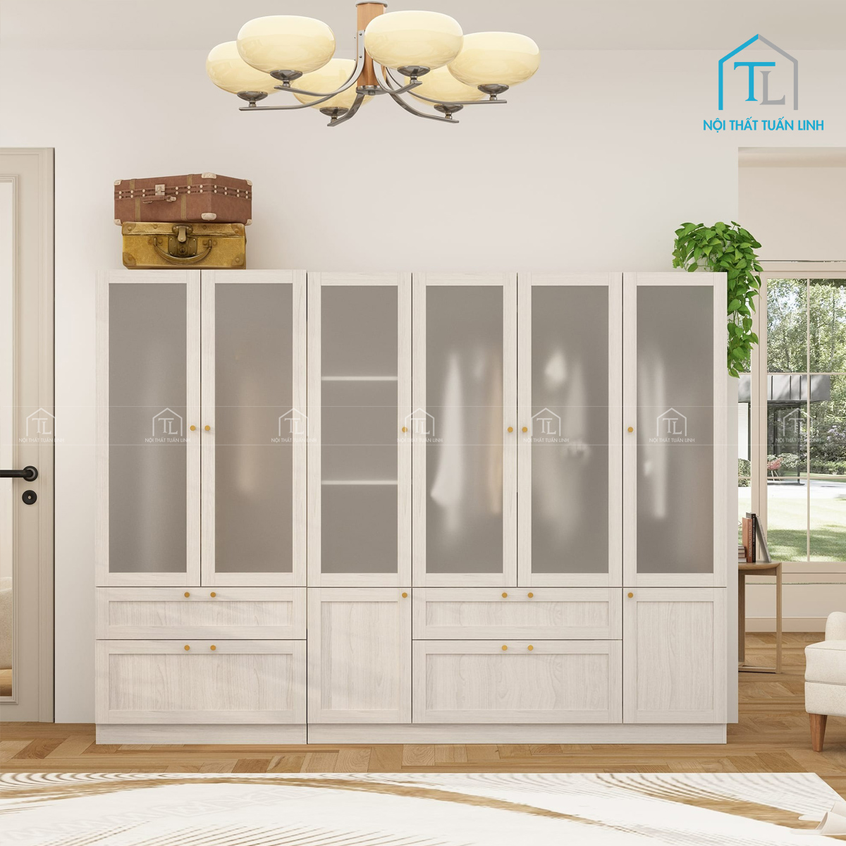 Tủ quần áo cánh kính mờ vân gỗ gam màu xám hiện đại