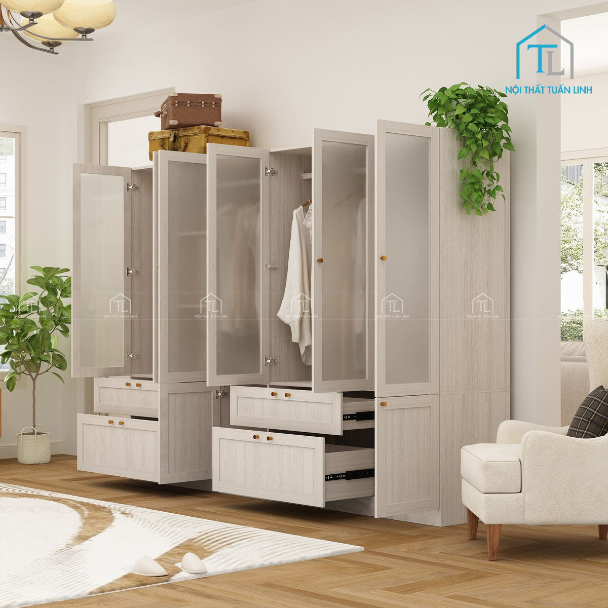 Tủ quần áo cánh kính mờ vân gỗ gam màu xám hiện đại
