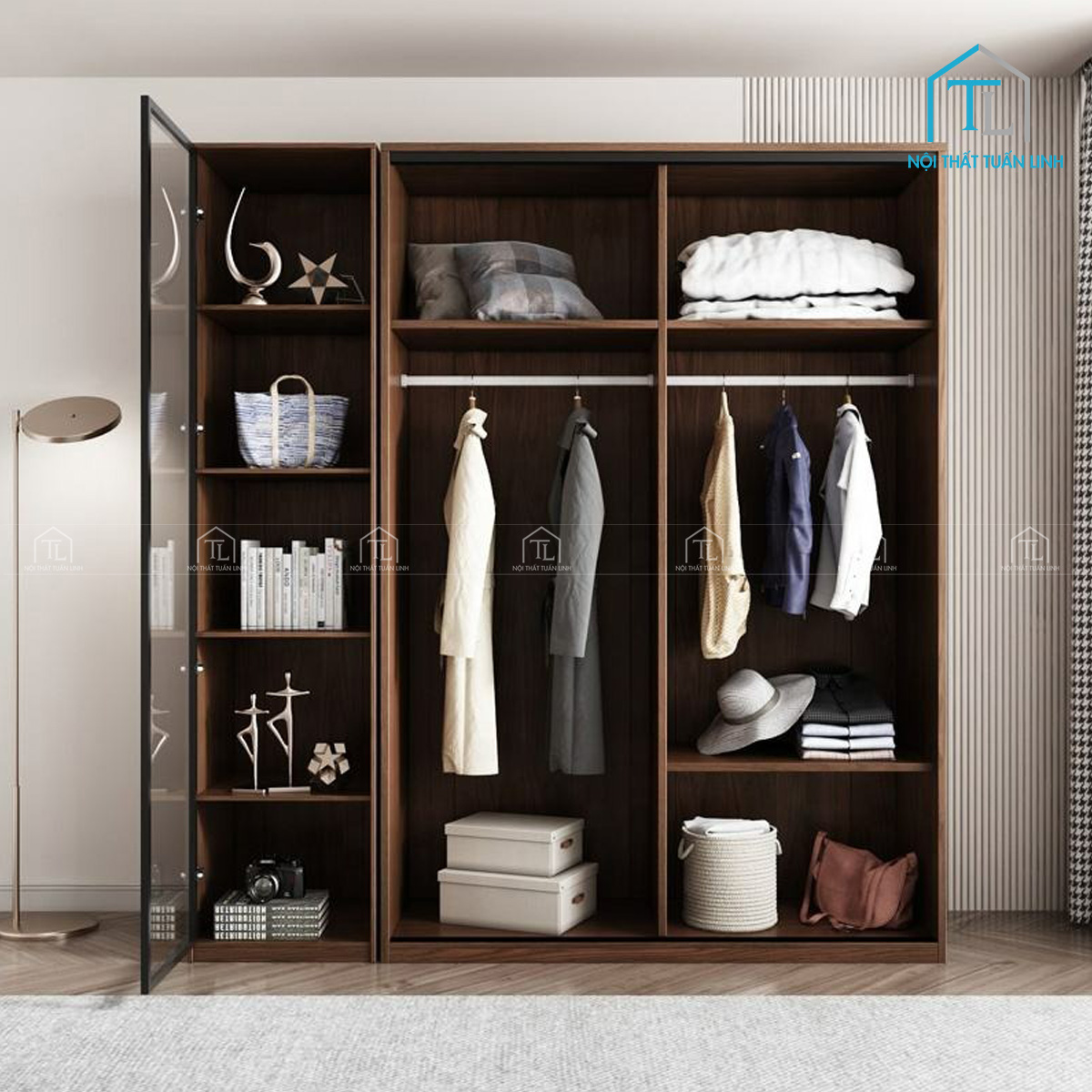 Tủ quần áo cánh kính trượt gỗ công nghiệp phong cách hiện đại