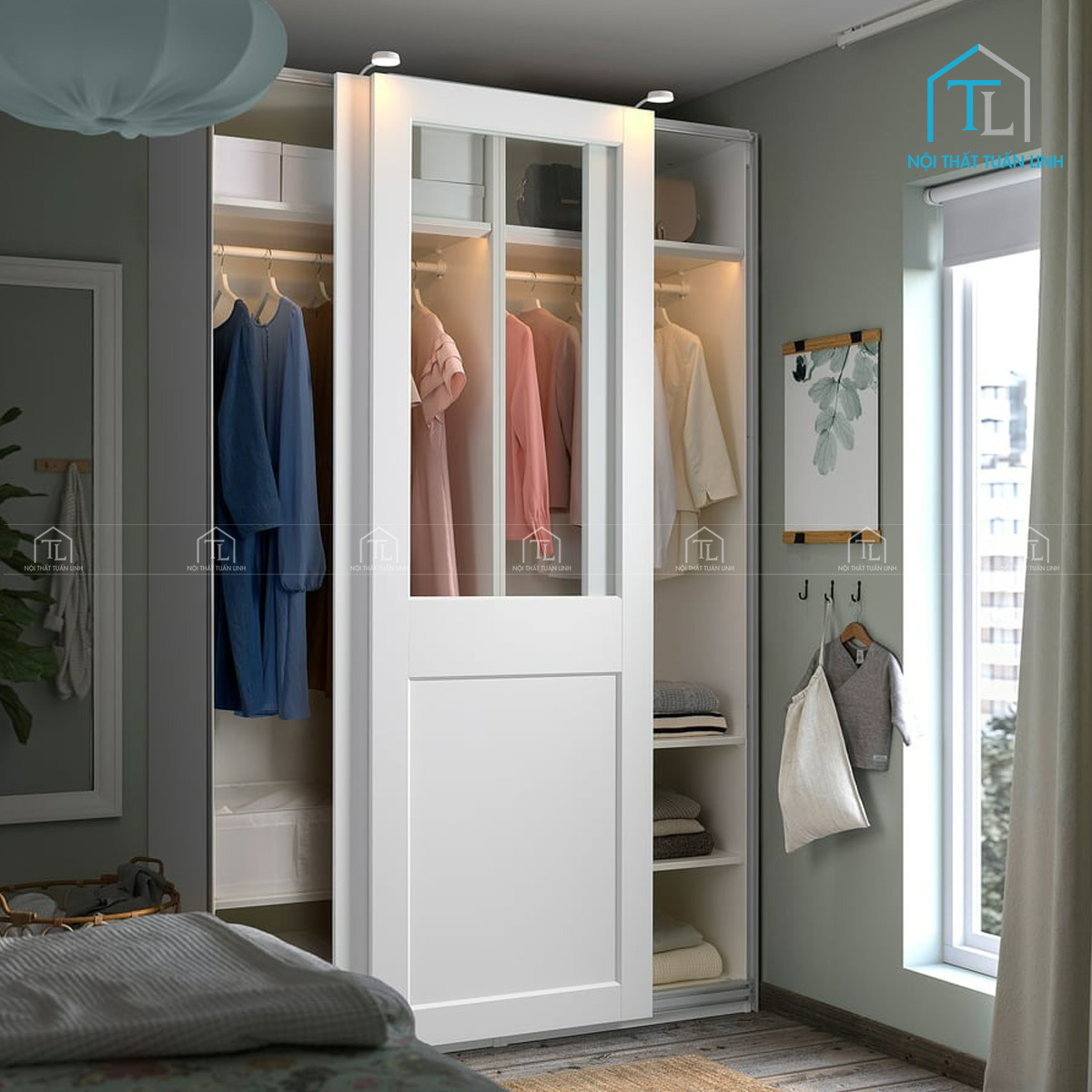 Tủ quần áo cánh kính trượt màu trắng gỗ công nghiệp