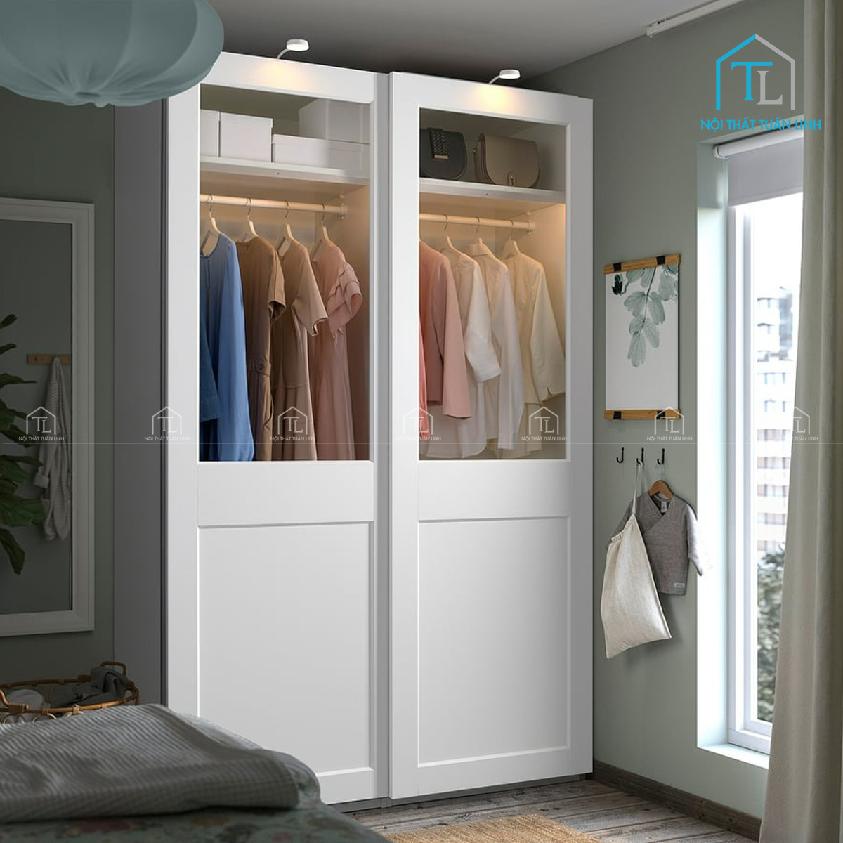 Tủ quần áo cánh kính trượt màu trắng gỗ công nghiệp