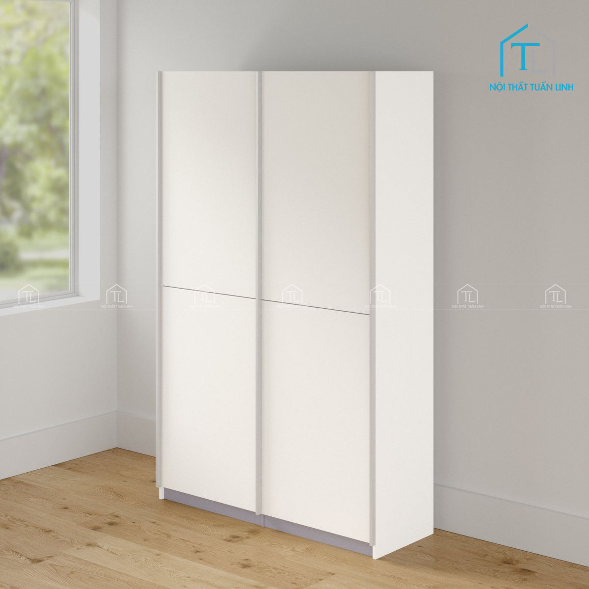 Tủ quần áo cửa lùa 2 cánh gỗ MDF màu trắng gọn gàng, tối ưu không gian