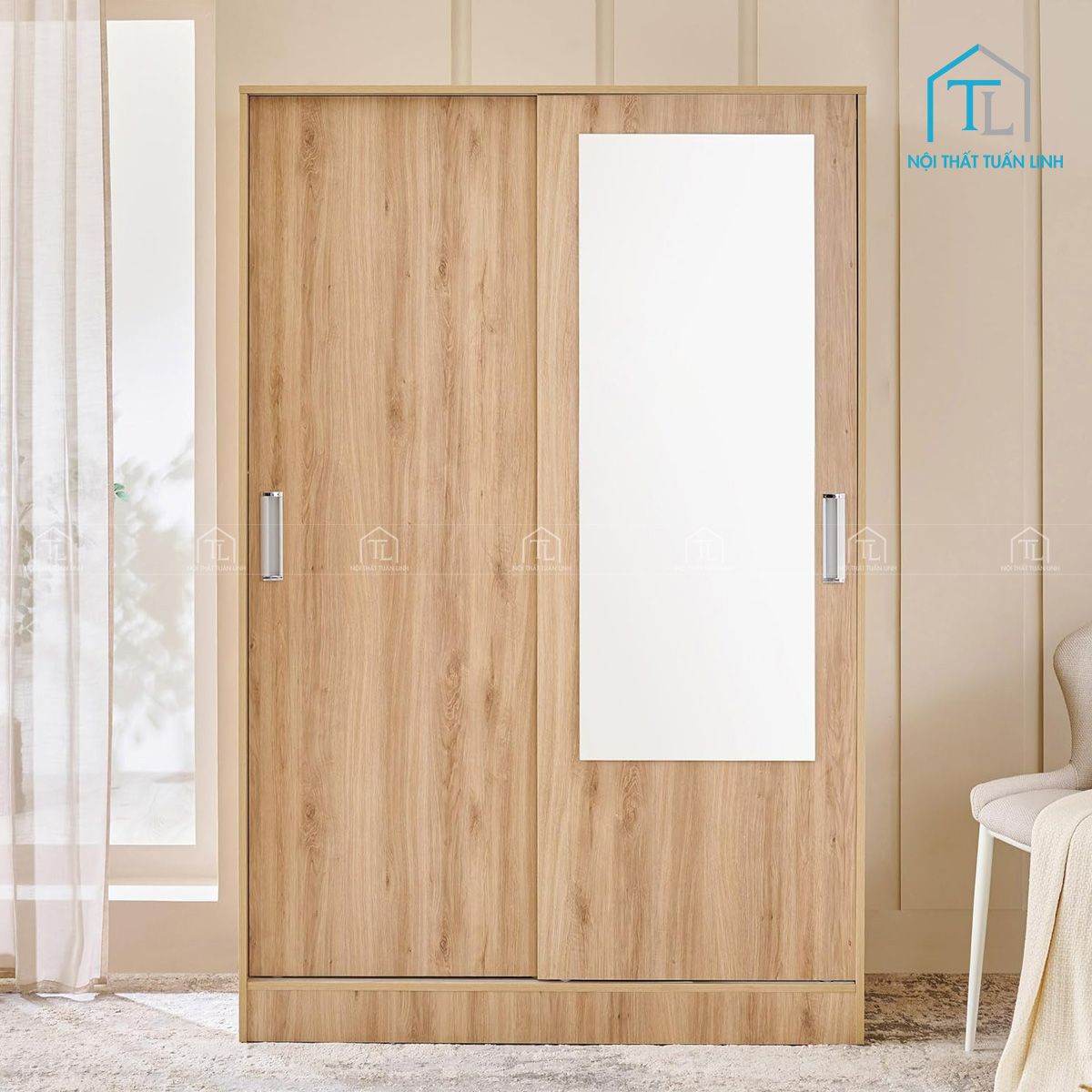 Tủ quần áo cửa lùa 2 cánh gỗ MDF kèm gương hiện đại