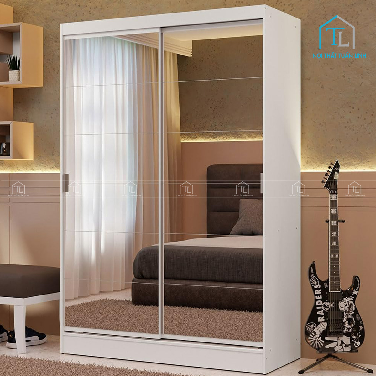 Tủ quần áo cửa lùa 2 cánh gương gỗ công nghiệp màu trắng