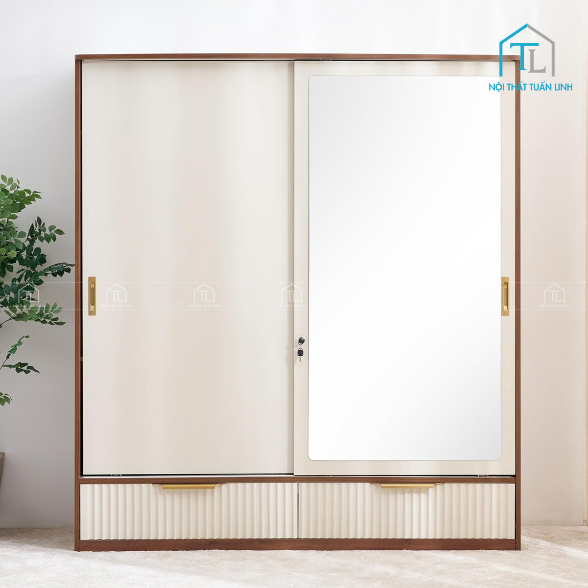 Tủ quần áo cửa lùa 2 cánh màu be hiện đại kèm gương soi