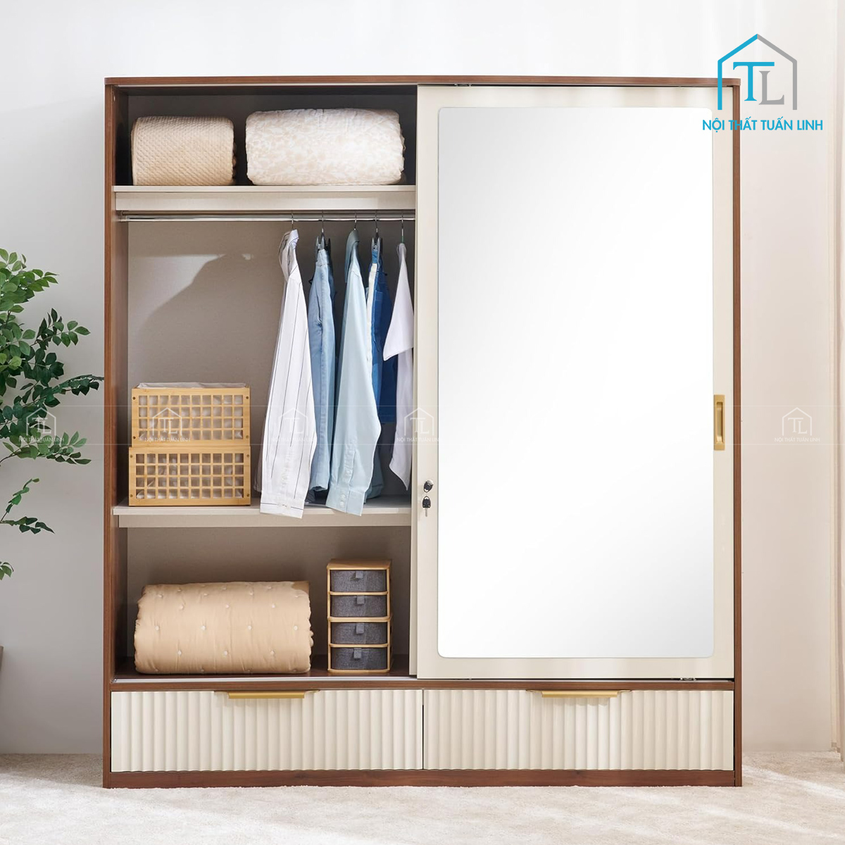 Tủ quần áo cửa lùa 2 cánh màu be hiện đại kèm gương soi