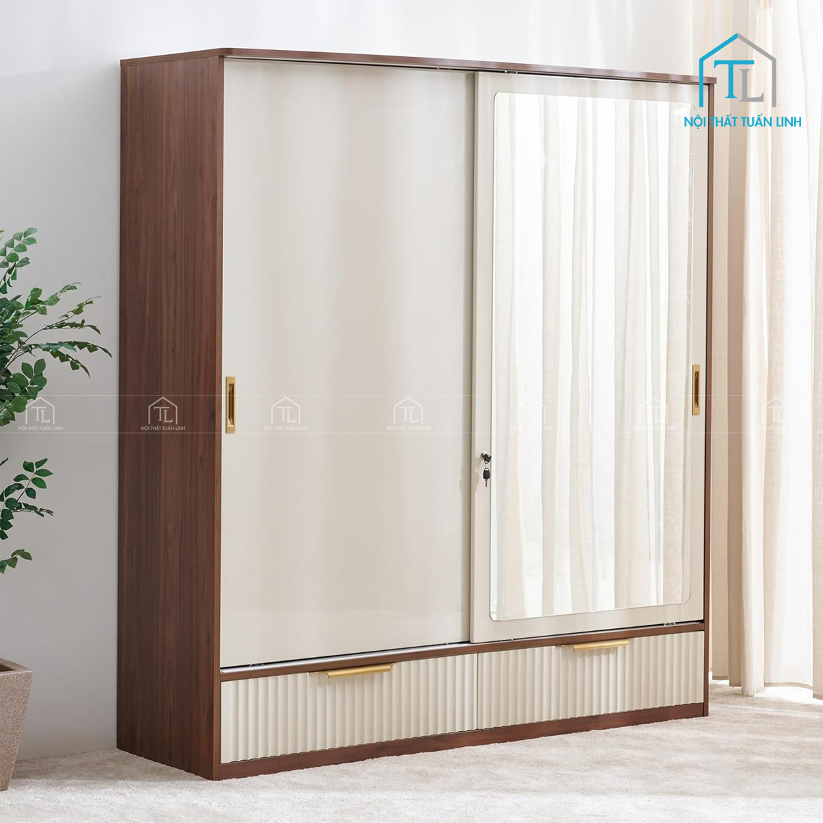Tủ quần áo cửa lùa 2 cánh màu be hiện đại kèm gương soi