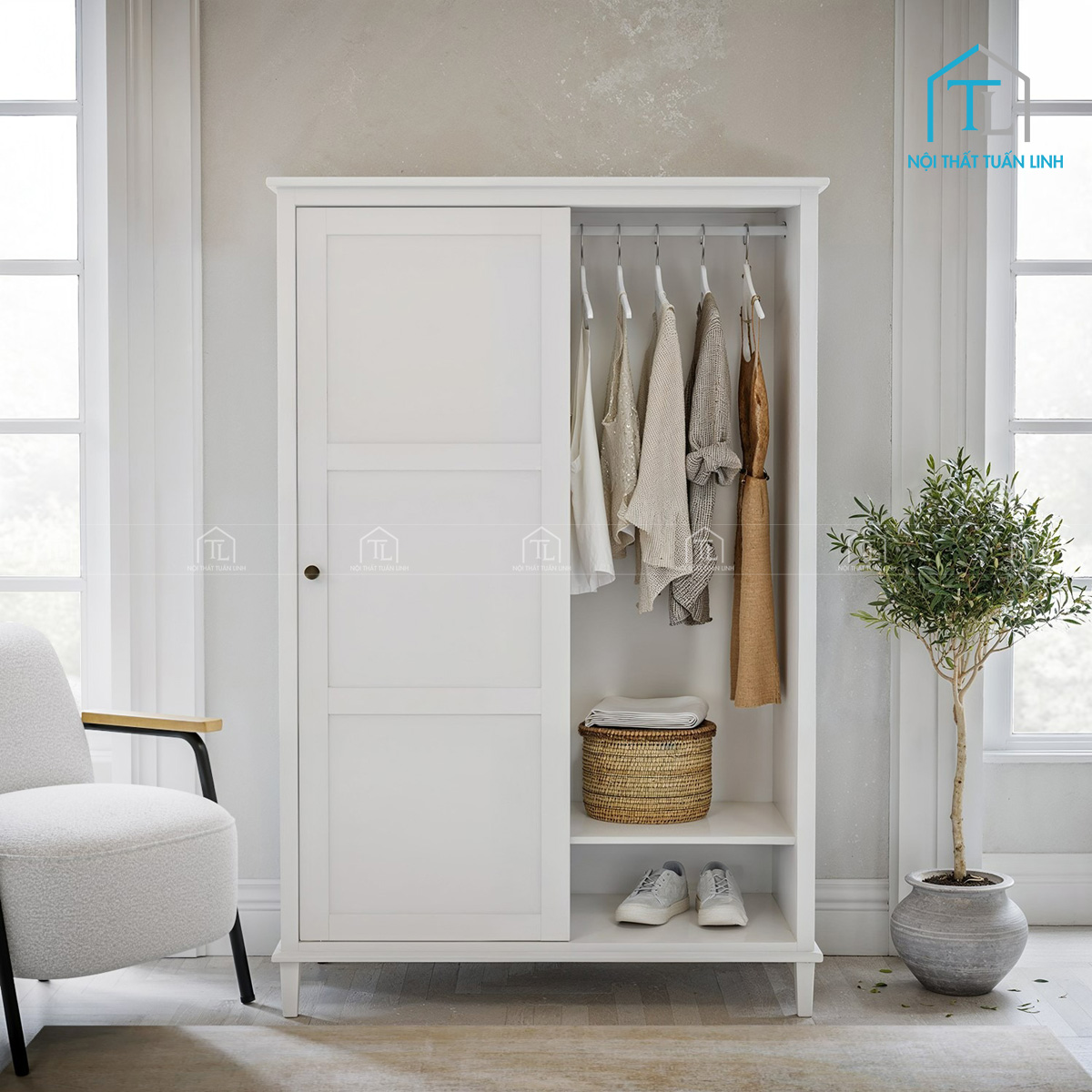 Tủ quần áo cửa lùa 2 cánh màu trắng phong cách hiện đại