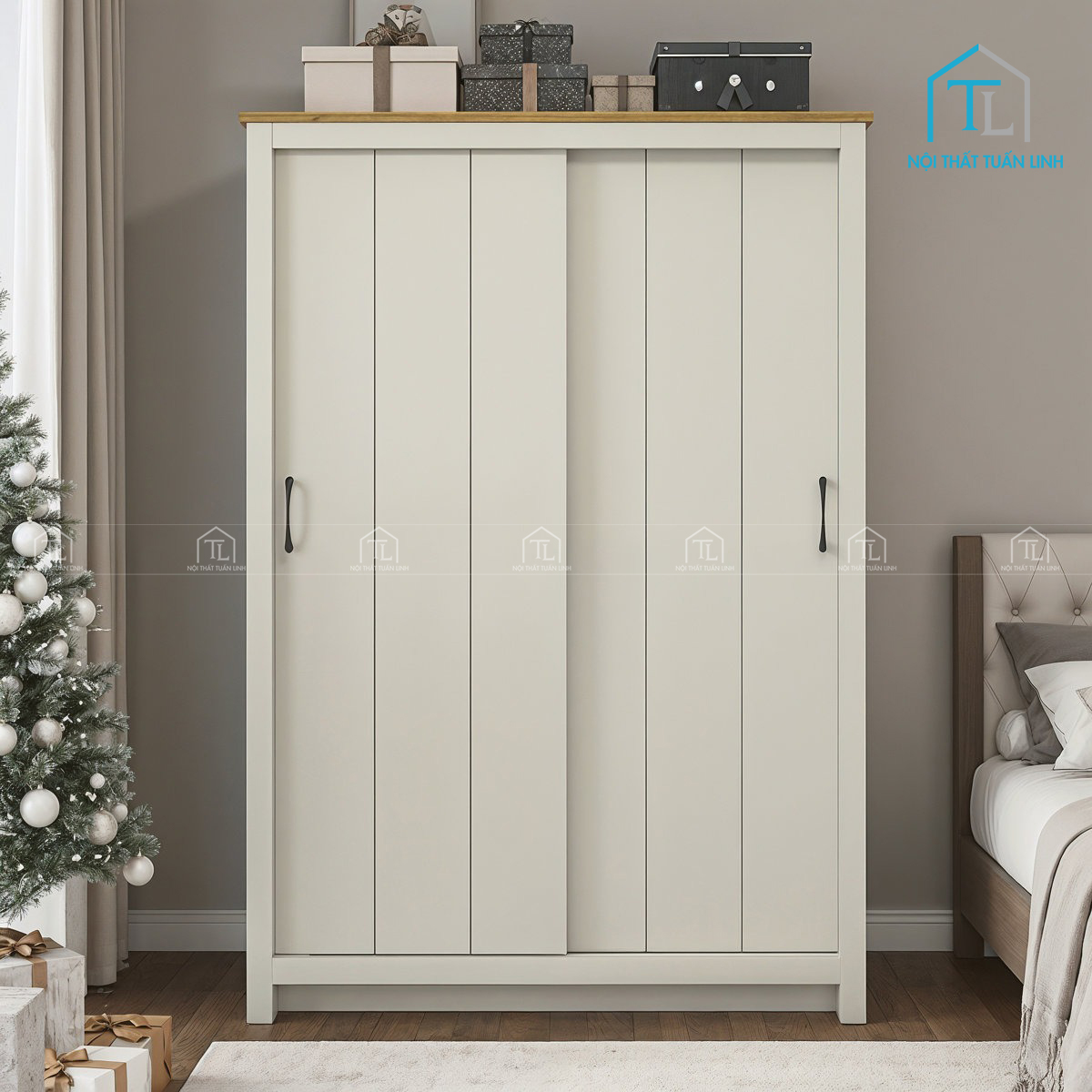 Tủ quần áo cửa lùa 2 cánh màu xám nhạt giá tốt, tiện lợi