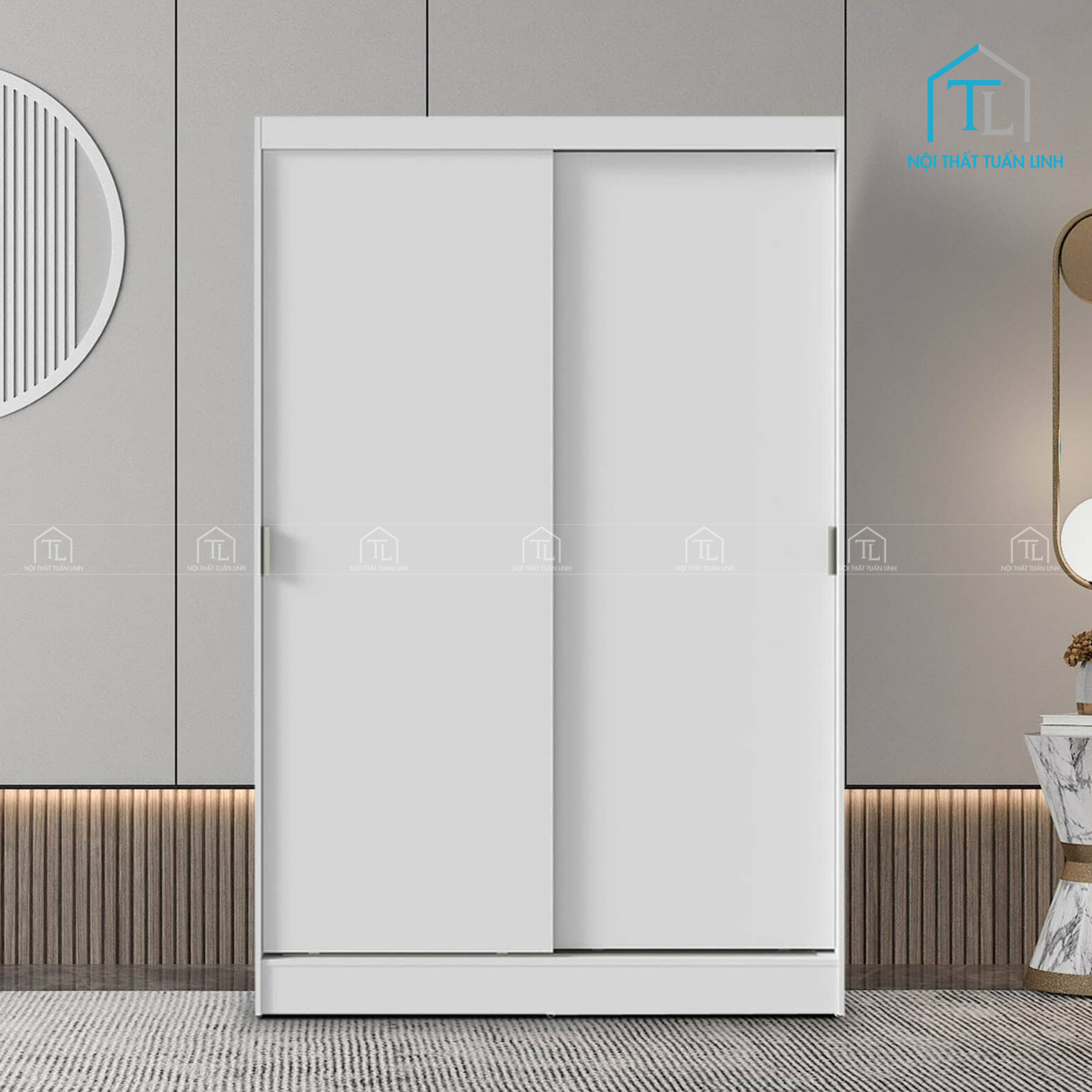 Tủ quần áo cửa lùa 2 cánh MDF trắng kết hợp ngăn kéo tiện lợi
