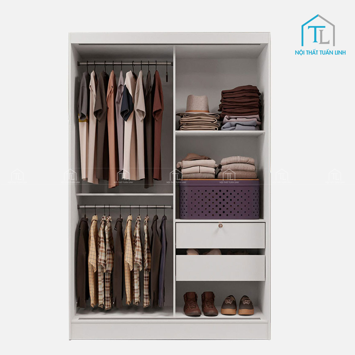 Tủ quần áo cửa lùa 2 cánh MDF trắng kết hợp ngăn kéo tiện lợi