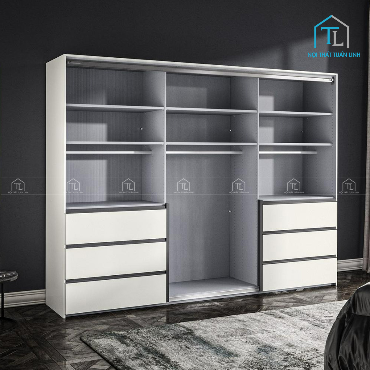 Tủ quần áo cửa lùa 3 cánh gỗ MDF phủ sơn mờ hiện đại kèm ngăn kéo