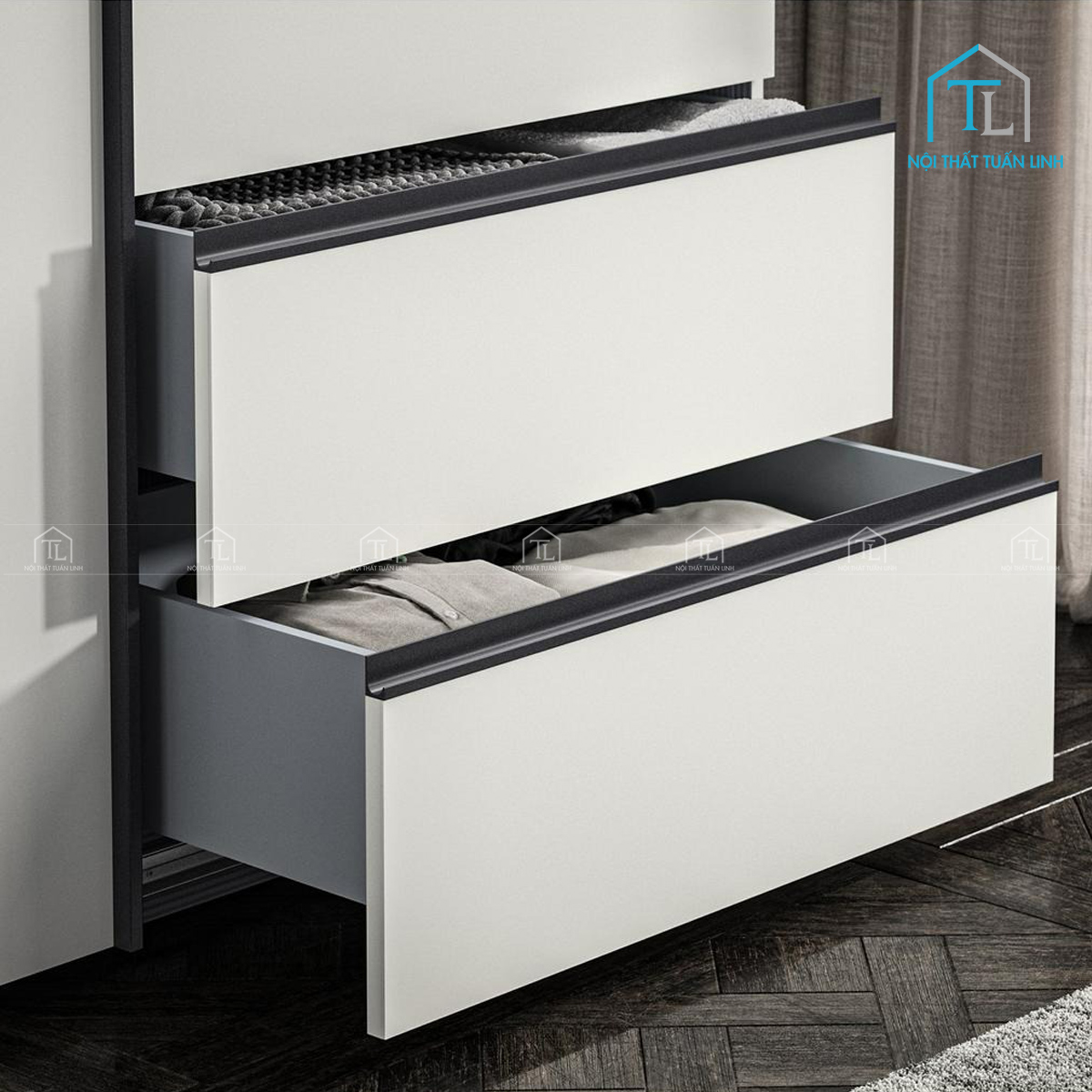 Tủ quần áo cửa lùa 3 cánh gỗ MDF phủ sơn mờ hiện đại kèm ngăn kéo