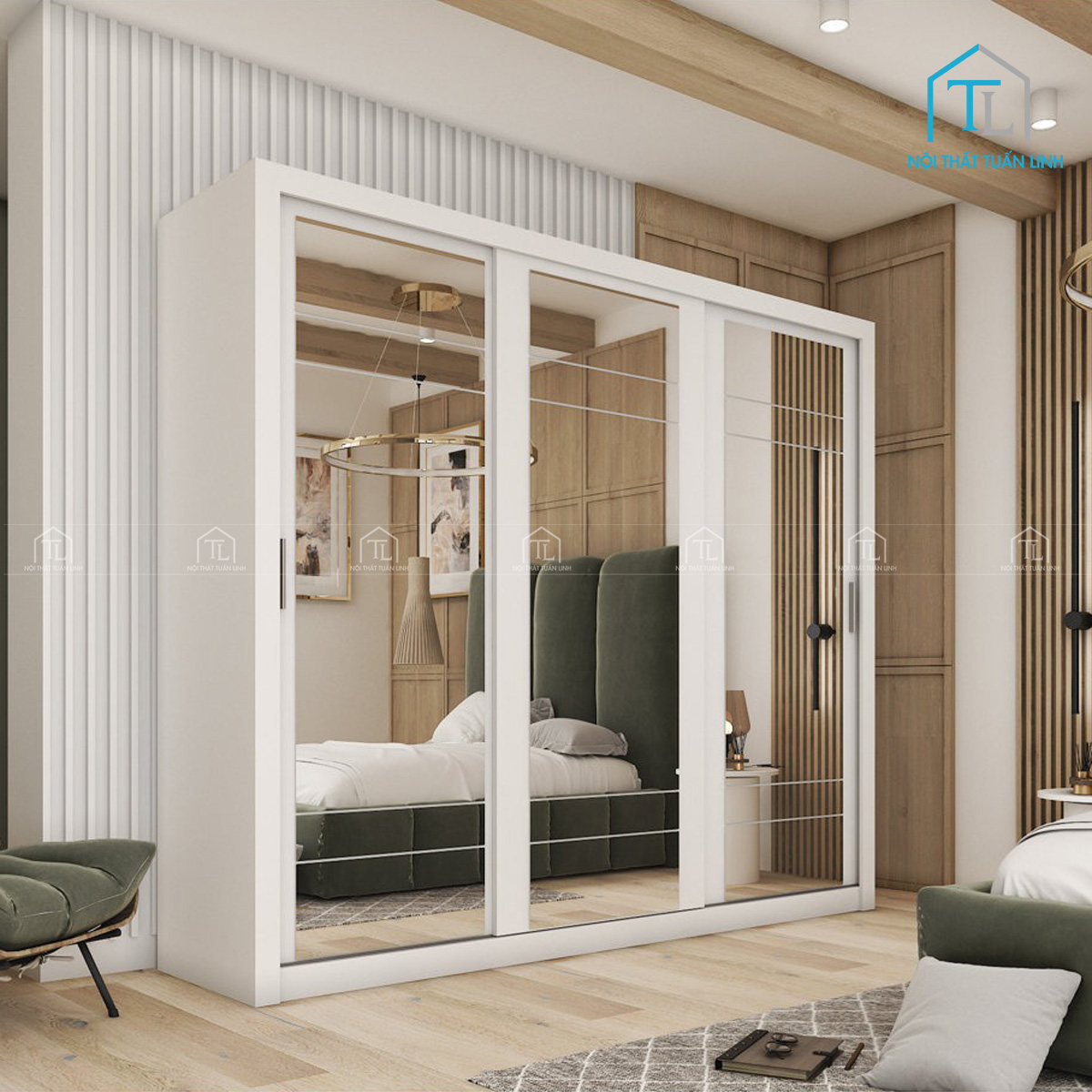 Tủ quần áo cửa lùa 3 cánh gương MDF màu trắng hiện đại