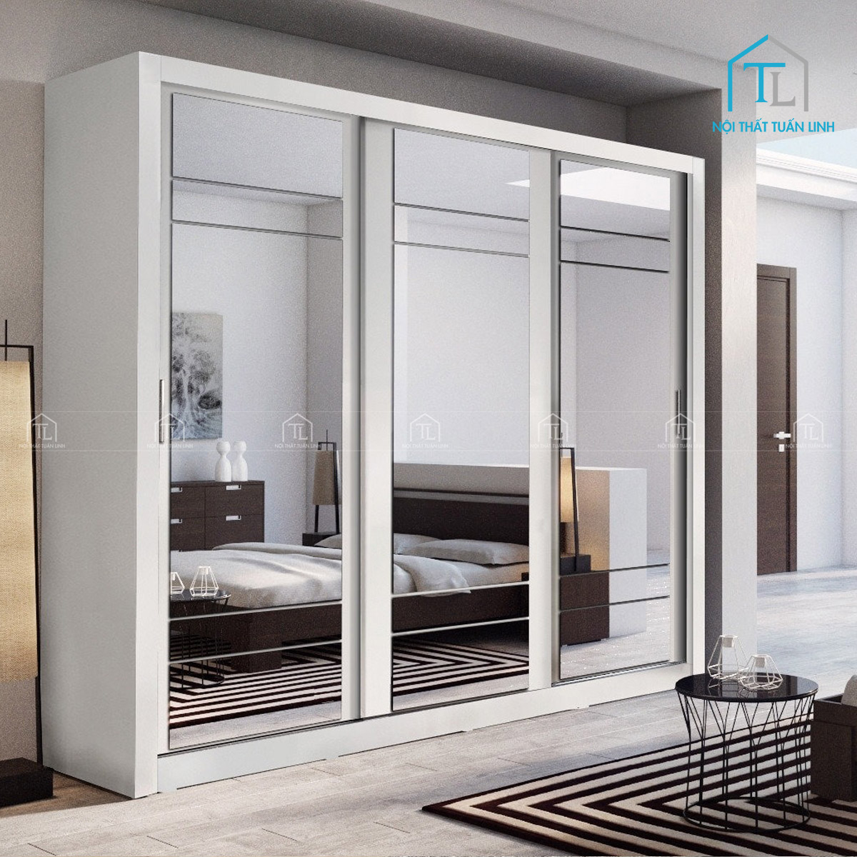 Tủ quần áo cửa lùa 3 cánh gương MDF màu trắng hiện đại