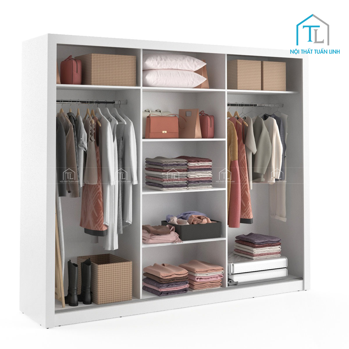 Tủ quần áo cửa lùa 3 cánh gương MDF màu trắng hiện đại