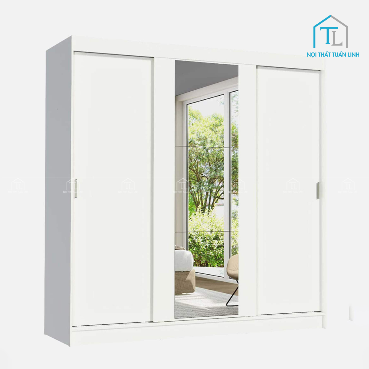 Tủ quần áo cửa lùa 3 cánh MDF trắng kết hợp gương và ngăn kéo hiện đại