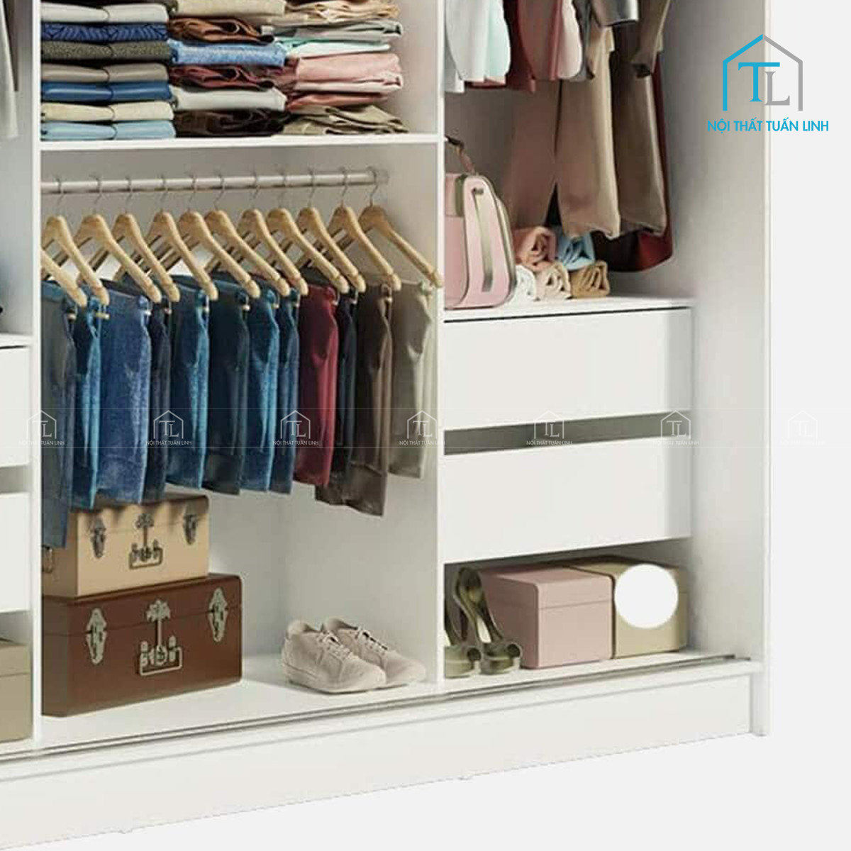Tủ quần áo cửa lùa 3 cánh MDF trắng kết hợp gương và ngăn kéo hiện đại