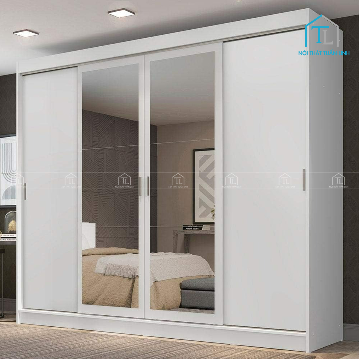 Tủ quần áo cửa lùa 4 cánh có gương kèm ngăn kéo gỗ MDF