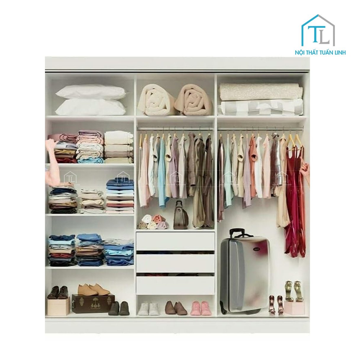 Tủ quần áo cửa lùa 4 cánh có gương kèm ngăn kéo gỗ MDF