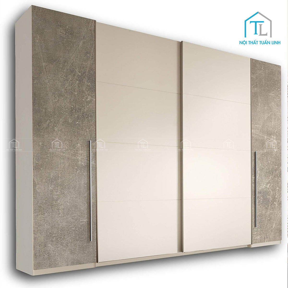 Tủ quần áo cửa lùa 4 cánh gỗ MDF màu trắng hiện đại phối xám