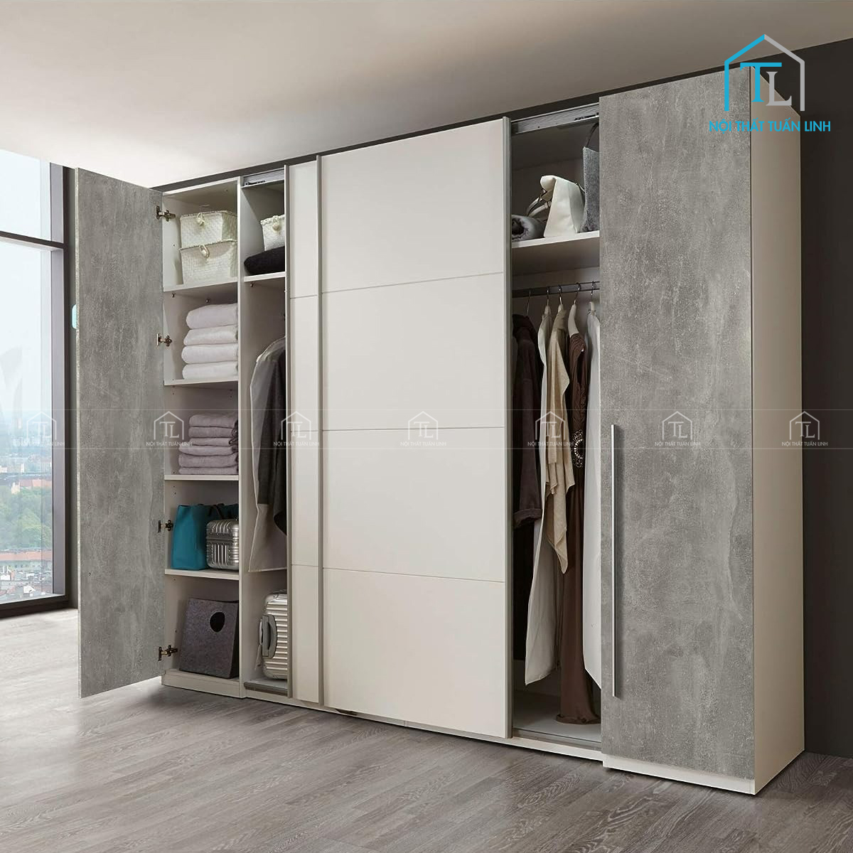 Tủ quần áo cửa lùa 4 cánh gỗ MDF màu trắng hiện đại phối xám