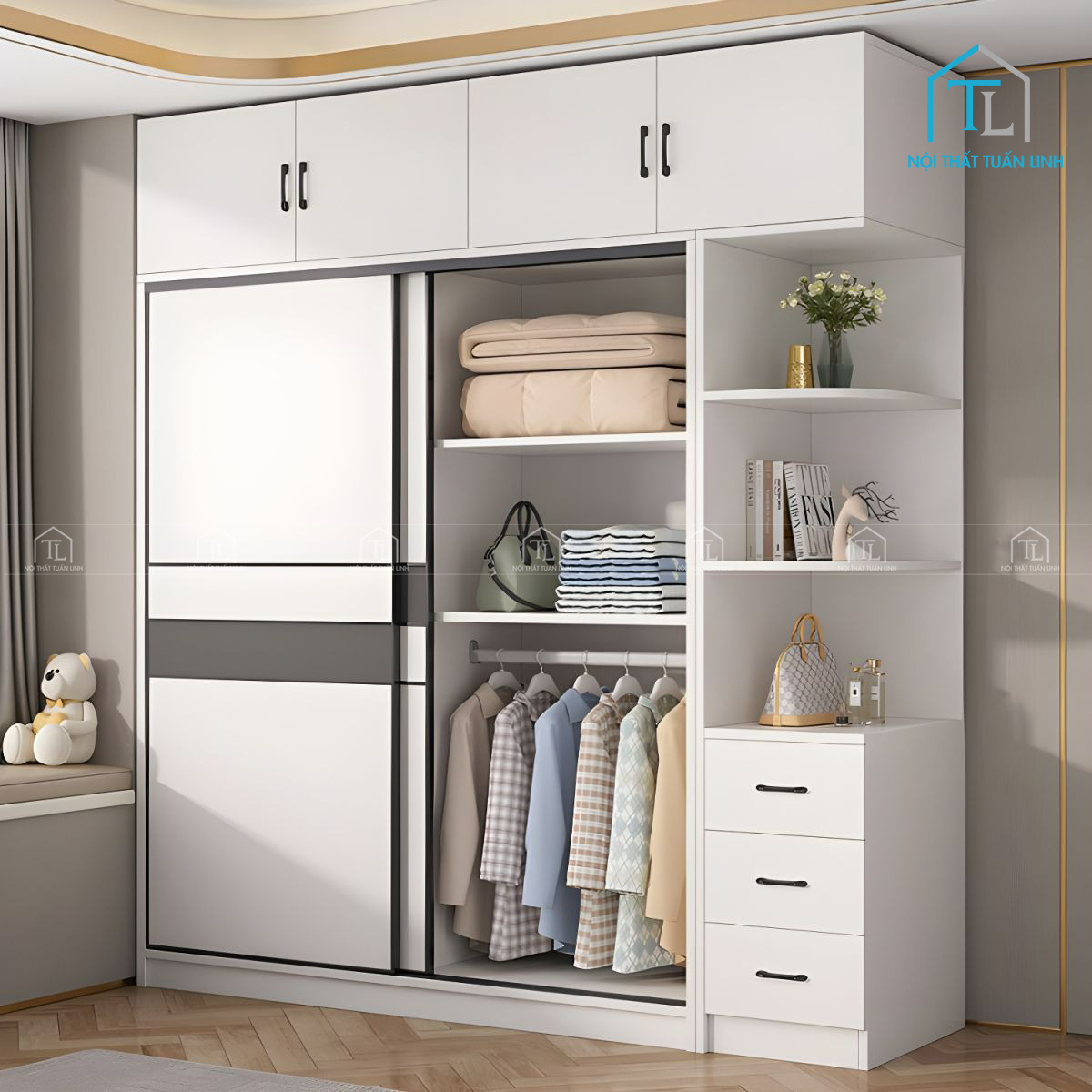 Tủ quần áo cửa lùa gỗ công nghiệp màu trắng thiết kế tối ưu tiện ích