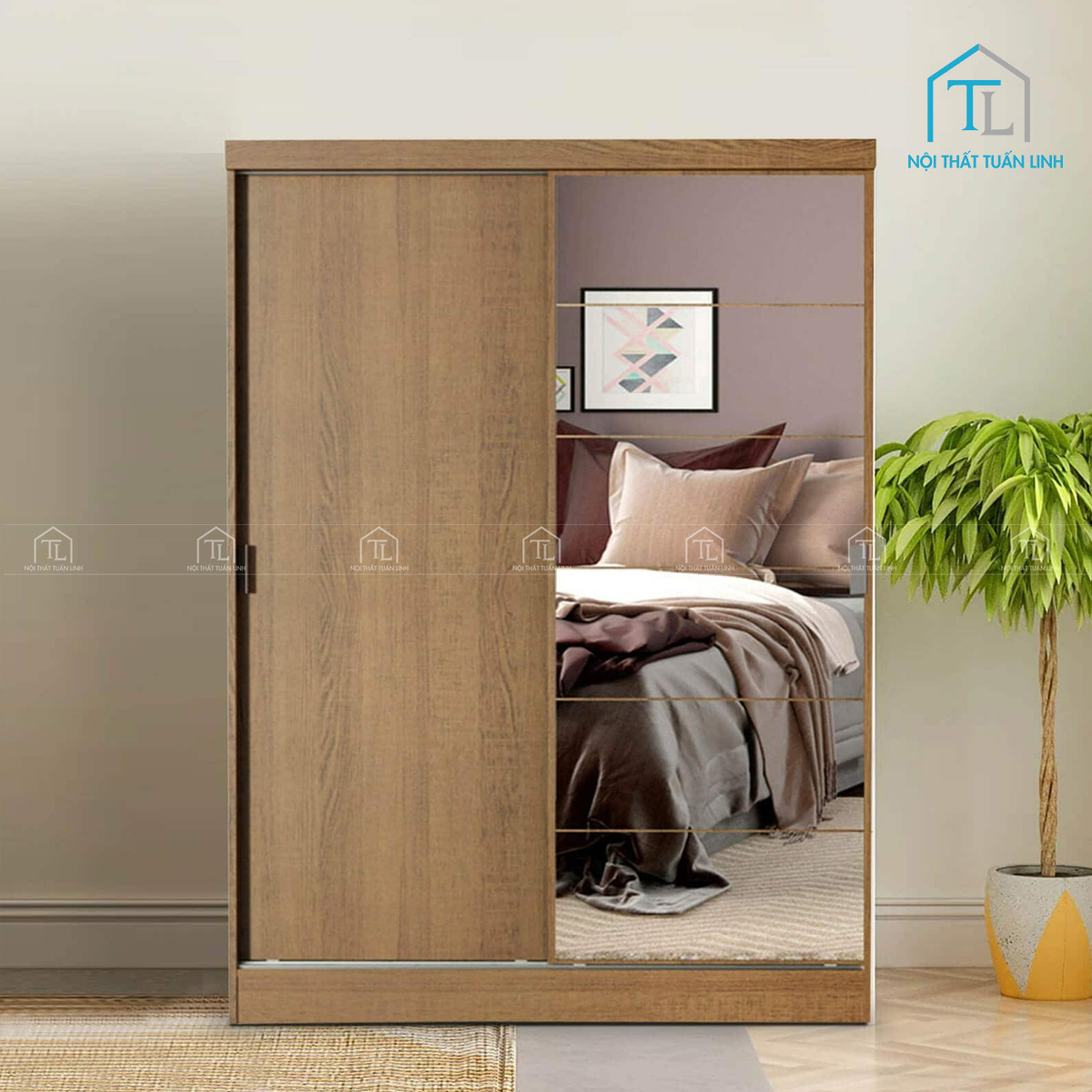 Tủ quần áo cửa lùa gỗ công nghiệp MDF kết hợp gương soi