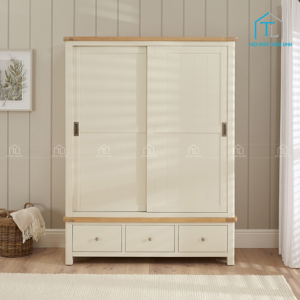 Tủ quần áo cửa lùa gỗ công nghiệp MDF sơn kem 2 cánh trượt kèm 3 ngăn kéo