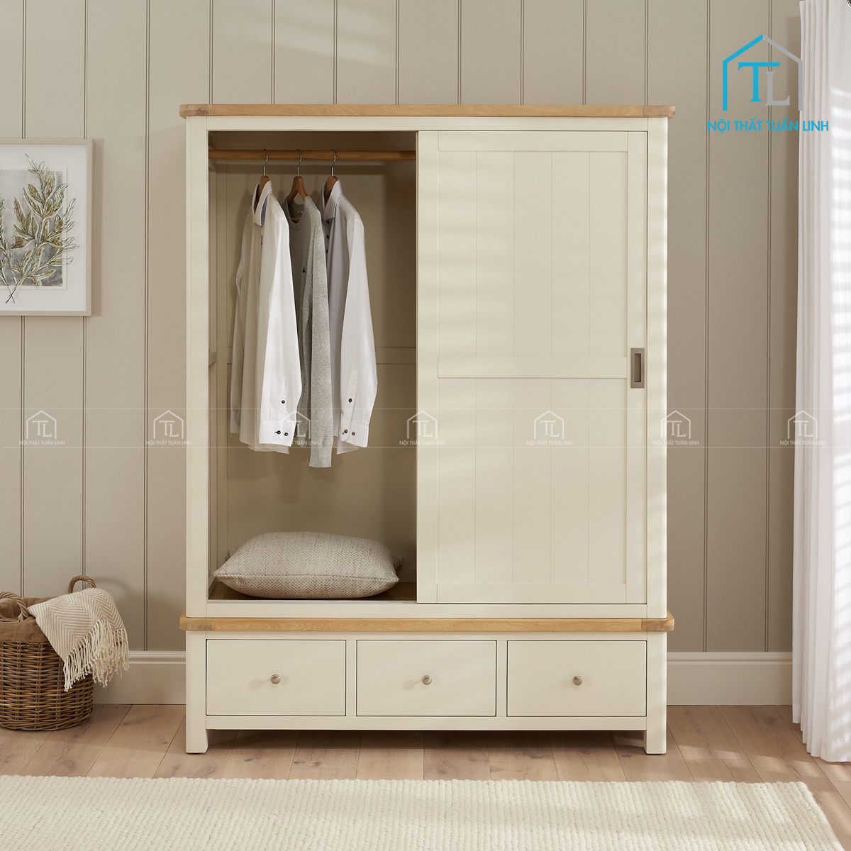 Tủ quần áo cửa lùa gỗ công nghiệp MDF sơn kem 2 cánh trượt kèm 3 ngăn kéo